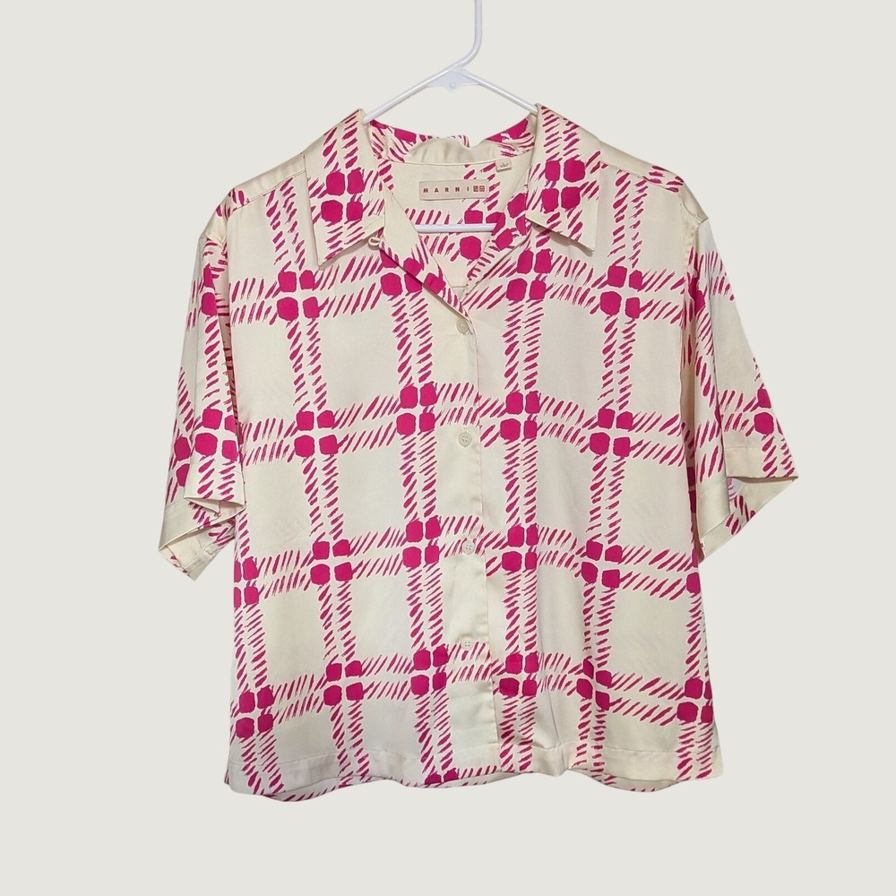Marni x Uniqlo Pink Cream Checkered Camp Collar Shirt Boxy Fit Oversized Large